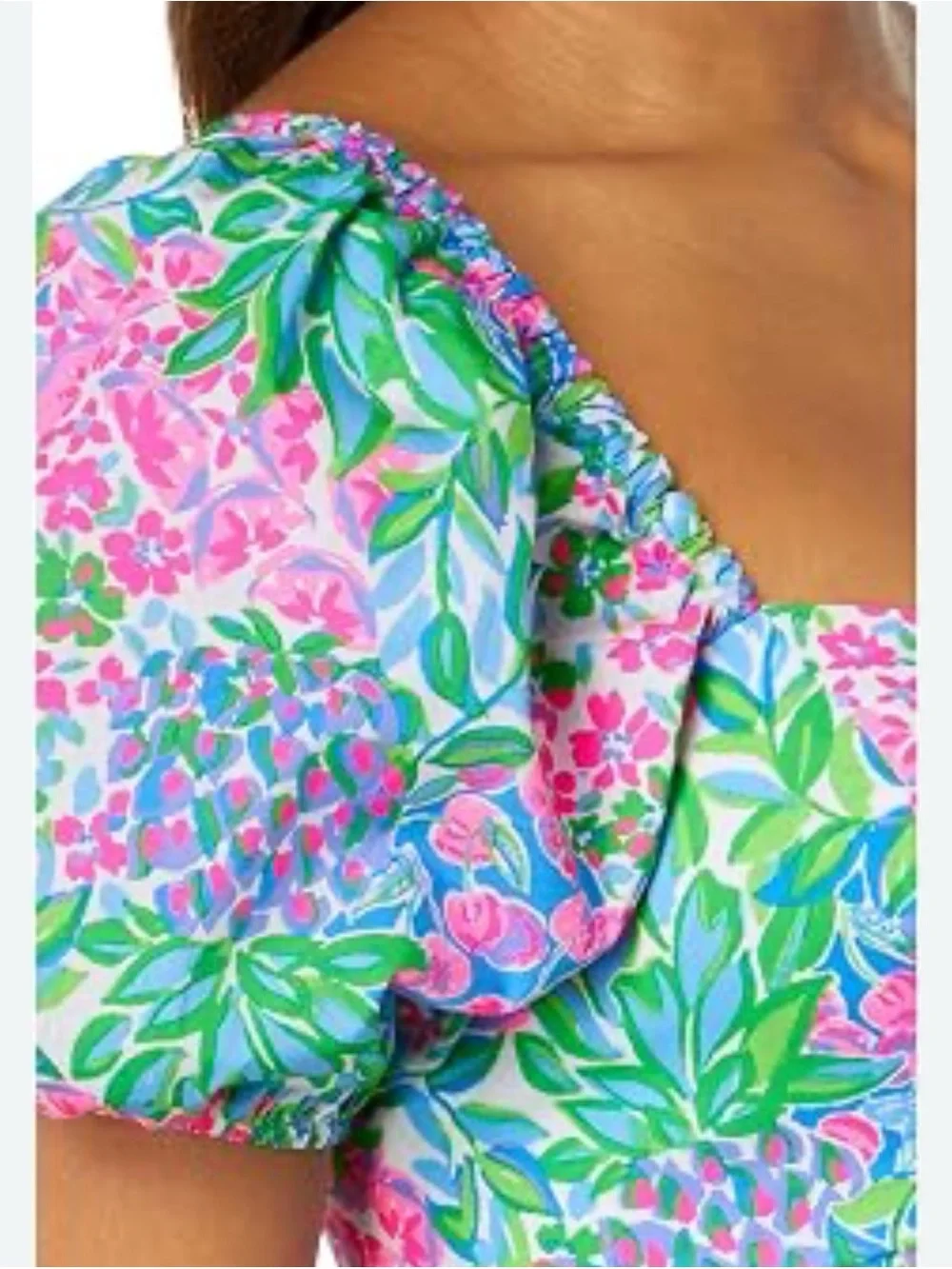 Lilly Pulitzer Square-Neck Puff Sleeve Floral Top - Pink, Green & Blue